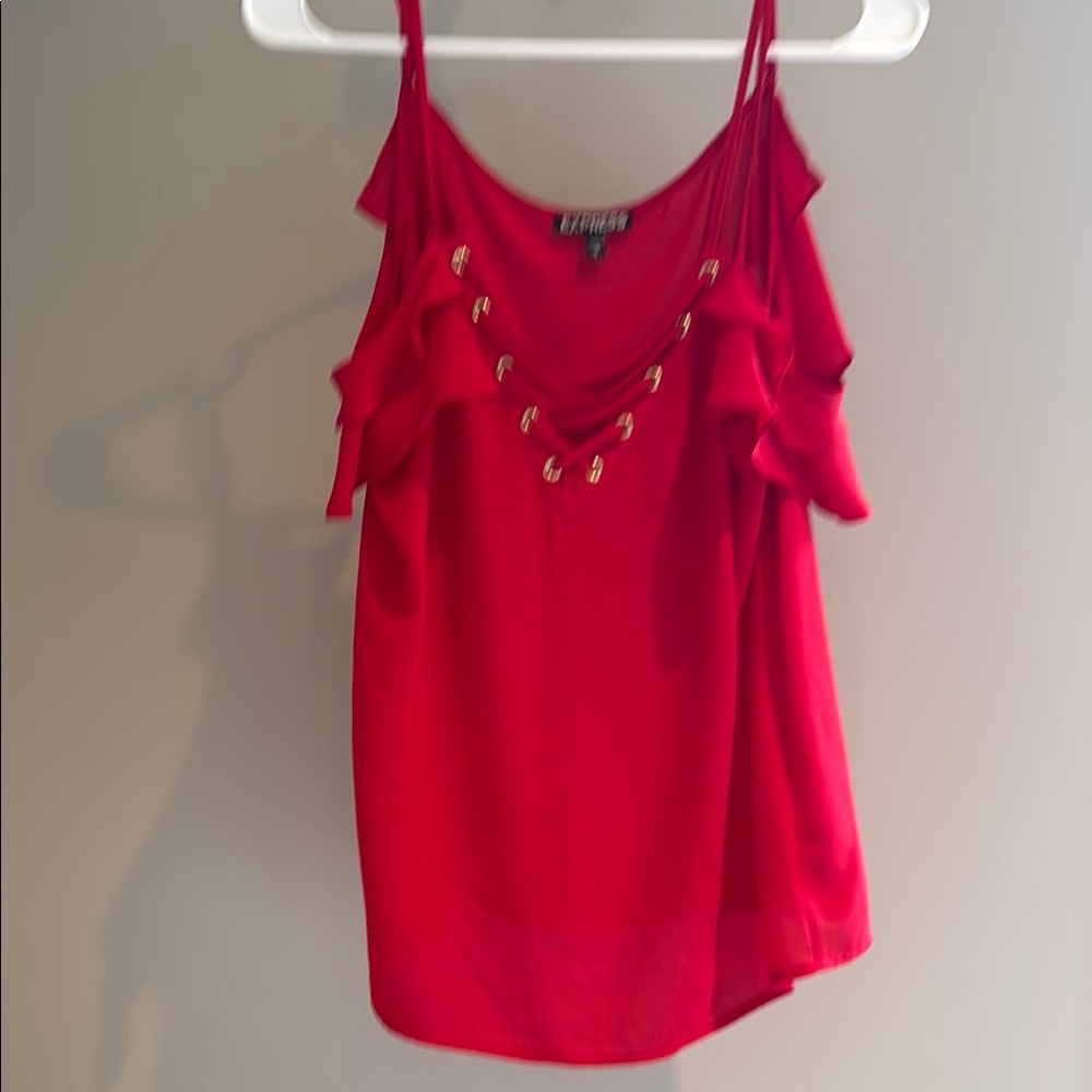 Express Red Ruffled Cold Shoulder Top M - Picture 2 of 4